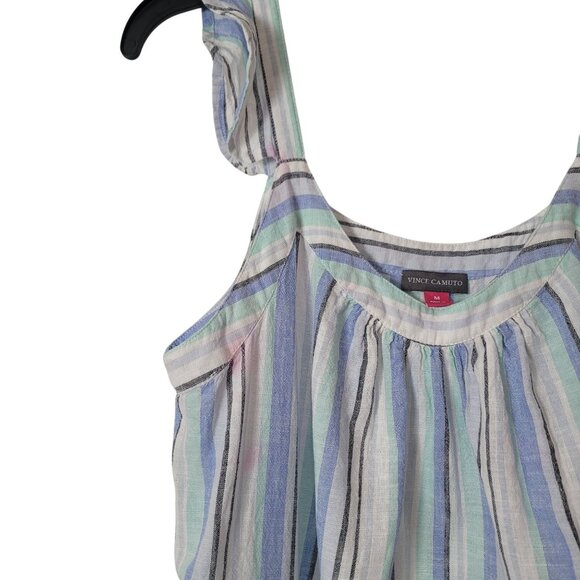 VINCE CAMUTO LINEN STRIPED RUFFLE STRAP DRESS SLEEVELESS MIDI AQUA ICE  Pockets - Picture 4 of 12